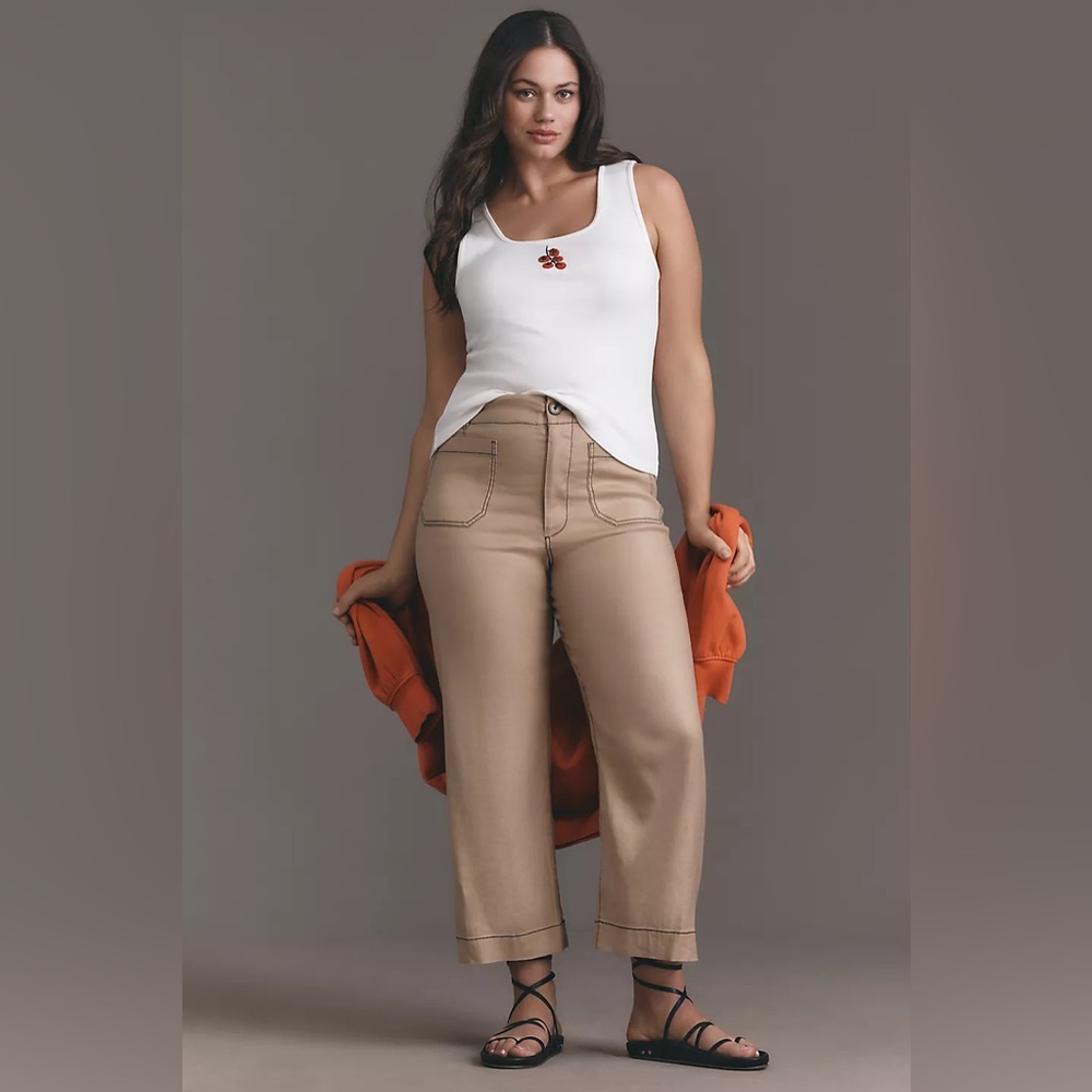 NWT Size 20W - The Colette Contrast-Stitch Linen Crop Wide-Leg Pants